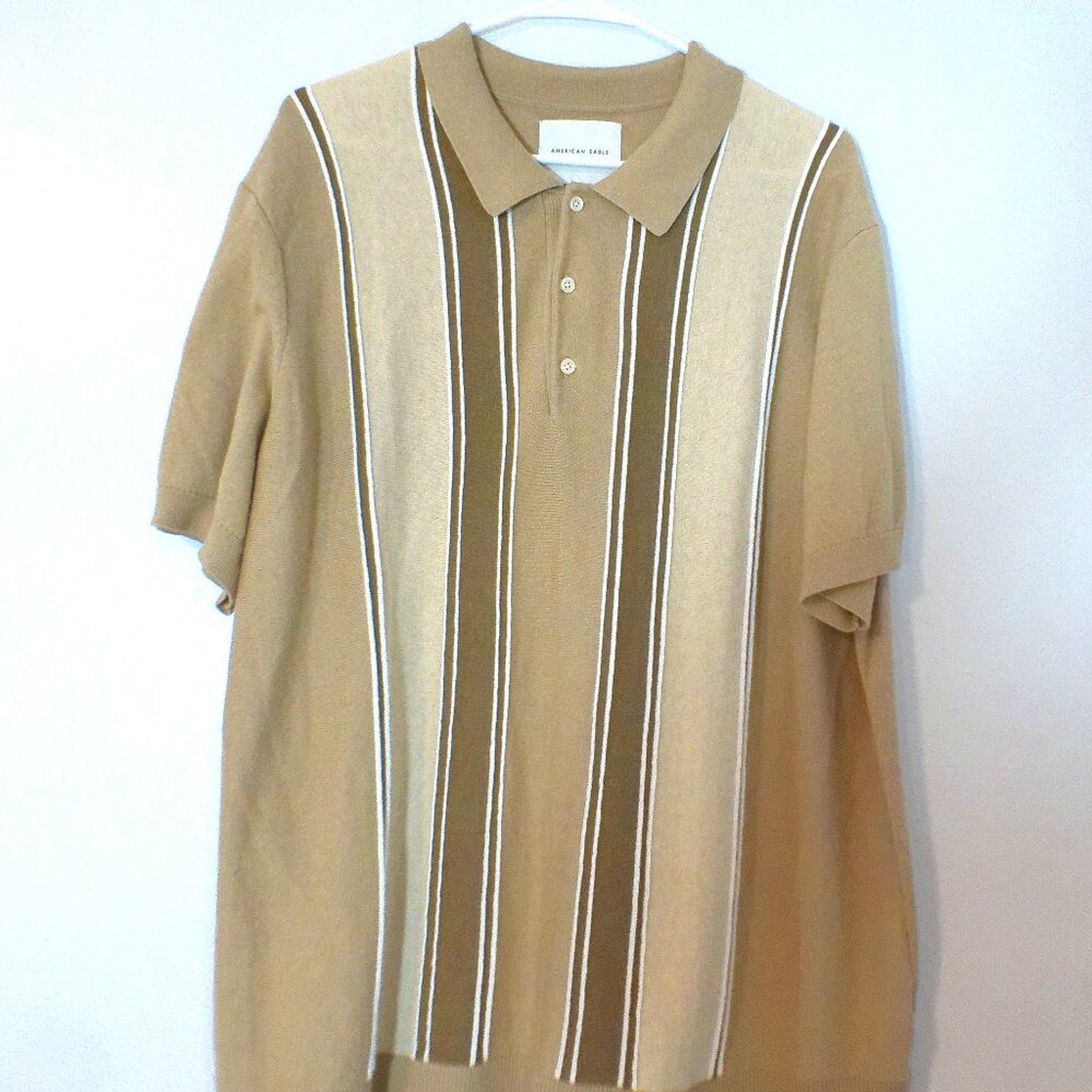 American Eagle Men’s XL Tall Knit Polo Shirt Tan Vertical Stripe